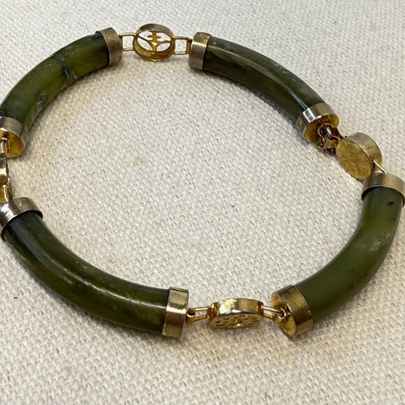 Nephrite Jade Circular Panel Bracelet Vintage Gold-Tone Chinese Symbols - Picture 8 of 10